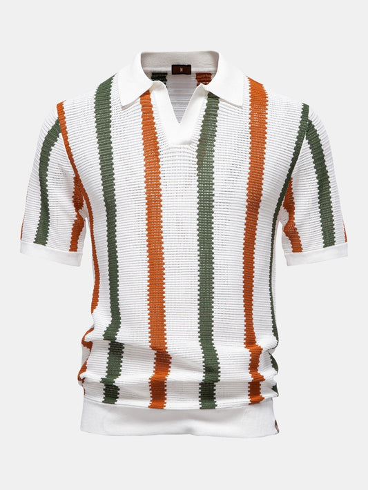 Striped V-Neck Knit Polo Shirt